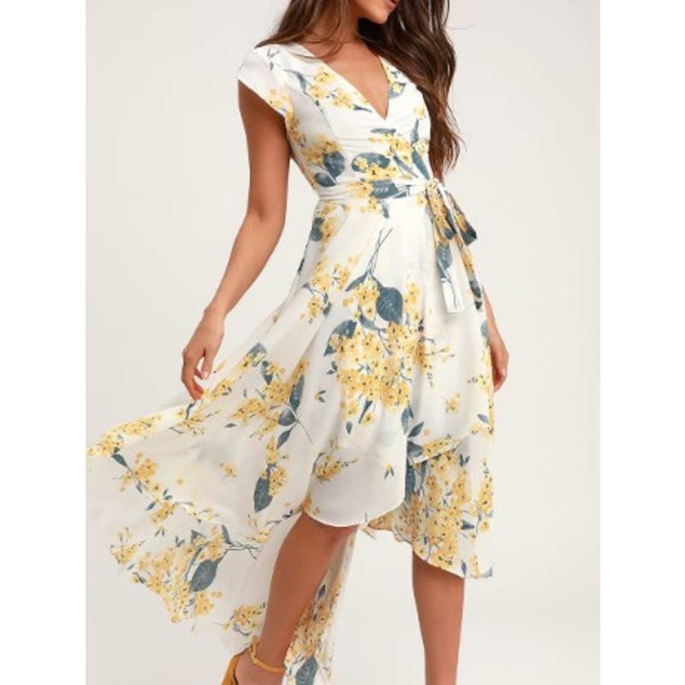 Lulu's White Floral High-Low Wrap Dress with Yellow and Green Print